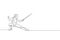 One continuous line drawing of young man fencing athlete practice fighting on professional sport arena. Fencing costume and