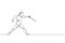 One continuous line drawing of young man fencing athlete practice fighting on professional sport arena. Fencing costume and