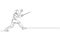 One continuous line drawing of young man fencing athlete practice fighting on professional sport arena. Fencing costume and