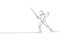 One continuous line drawing of young man fencing athlete practice fighting on professional sport arena. Fencing costume and