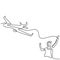 One continuous line drawing of young man launching a toy plane in the field. Happy teenager boy playing airplane into the sky