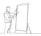 One continuous line drawing of young manager writing business success formula on flip chart and share it to audience. Business