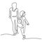 One continuous line drawing of young mother takes his son to go to school. Happy little boy walking with his mom to school. Loving