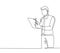 One continuous line drawing of young serious male manager standing and writing business proposal draft on clipboard. Business