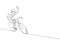 One continuous line drawing of young sporty man bicycle racer wave hand to supporters. Road cyclist concept. Dynamic single line