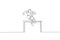 One continuous line drawing of young sporty man runner jumping obstacle at running track. Health activity sport concept. Dynamic