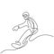 One continuous line drawing of young sporty man snowboarder riding snowboard in snowy powder mountain isolated on white background