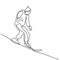 One continuous line drawing of young sporty man snowboarder riding snowboard in snowy powder mountain isolated on white background