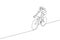 One continuous line drawing of young sporty woman bicycle racer focus train her skill at cycling track. Road cyclist concept.