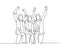 One continuous line drawing of young startup founders and CEO raised their fist into the air to celebrate their success got fund