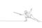 One continuous line drawing of young woman fencing athlete practice fighting on professional sport arena. Fencing costume and