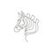 One continuous line drawing of zebra head for national park zoo safari logo identity. Horse from Africa with stripes concept for