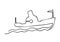 One continuous line steamship boat on waves with sign. Black and white vector illustration.Line art.