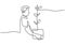 One continuous single drawn art line minimalism doodle a farmer holding plant. Young man agronomist bring plants for reforestation