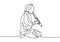 One continuous single line drawing of a man with Shakuhachi flute, traditional music of Japanese. A sitting man wearing Kimono is