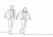 One continuous single line drawing of young male and female manager join run competition on running track to reach finish line.