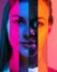 We are one. Cropped by vertical position portraits of female different races faces isolated over multicolored neon