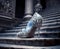 One crystal slipper on the steps of a castle. Created with Generative AI
