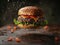 one delicious hamburger, floating in the air, cinematic, professional food photography, studio light, studio background