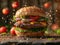 one delicious hamburger, floating in the air, cinematic, professional food photography, studio light, studio background