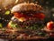 one delicious hamburger, floating in the air, cinematic, professional food photography, studio light, studio background