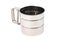 One empty cylindrical stainless mug with mechanical rotary sieve and handle with trigger isolated on white