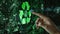 One female finger touching a green glowing recycling icon on a wide tech screen created with Generative AI