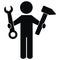 One figure with tool, wrench and hammer, black silhouette, vector icon