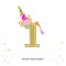 One. First birthday. Colorful unicorn birthday invitation. Baby shower, party invitation greeting card