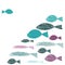 One fish swimming against many fish. Turguoise and purple fishes. Vector illustration on white background