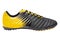 One football boot, yellow color combined with black, sports shoes, on a white background