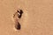 One footprint of a human barefoot left foot on smooth brown sand