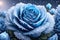 One frozen blue rose hidden in bush with ice crystals by AI Generated