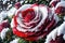 One frozen red rose hidden in bush with ice crystals by AI Generated