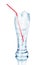 One full transparent glass of cool crystal clear water, ice cubes and red drinking straw, reflection, white background isolated