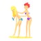 One Girl Helps Another To Apply Sunscreen On The Back, Part Of Friends In Summer On The Beach Series Of Vector