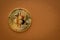 One golden bitcoin on brown background. E-commerce, cryptocurrency. Blockchain, international mining