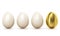 One golden egg among usual chicken eggs in row, clipping path in