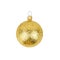 One golden glass ball on white background isolated close up, yellow Ð¡hristmas tree decoration, single shiny round bauble new year