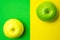 One green apple on yellow background and one yellow apple on green background.  Difference or opposition concept