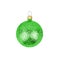 One green glass ball on white background isolated closeup, Ð¡hristmas tree decoration, single shiny round bauble, new year decor