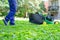 One guy portrait cutting the garden grass