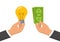 One hand holding light bulb and another one holding cash. Flat illustration, idea for money concept