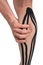 One hand was wrapped around the calf muscle of the right leg with a black kinesio tape pasted on, for a light massage after sports