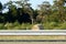 One hay roll in a mowed field. Behind the highway guardrail. Trees, meadow and sky in the background