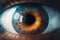 One human macro eye front view closeup with eyeball, eyelash and iris.