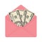 One hundred dollar banknotes in open pink envelope.