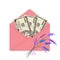 One hundred dollar banknotes in open pink envelope with bouquet of lavender.