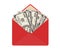 One hundred dollar banknotes in open red envelope.