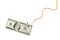 One hundred dollars banknote on glossy silver metal fishing hook on a rope on white